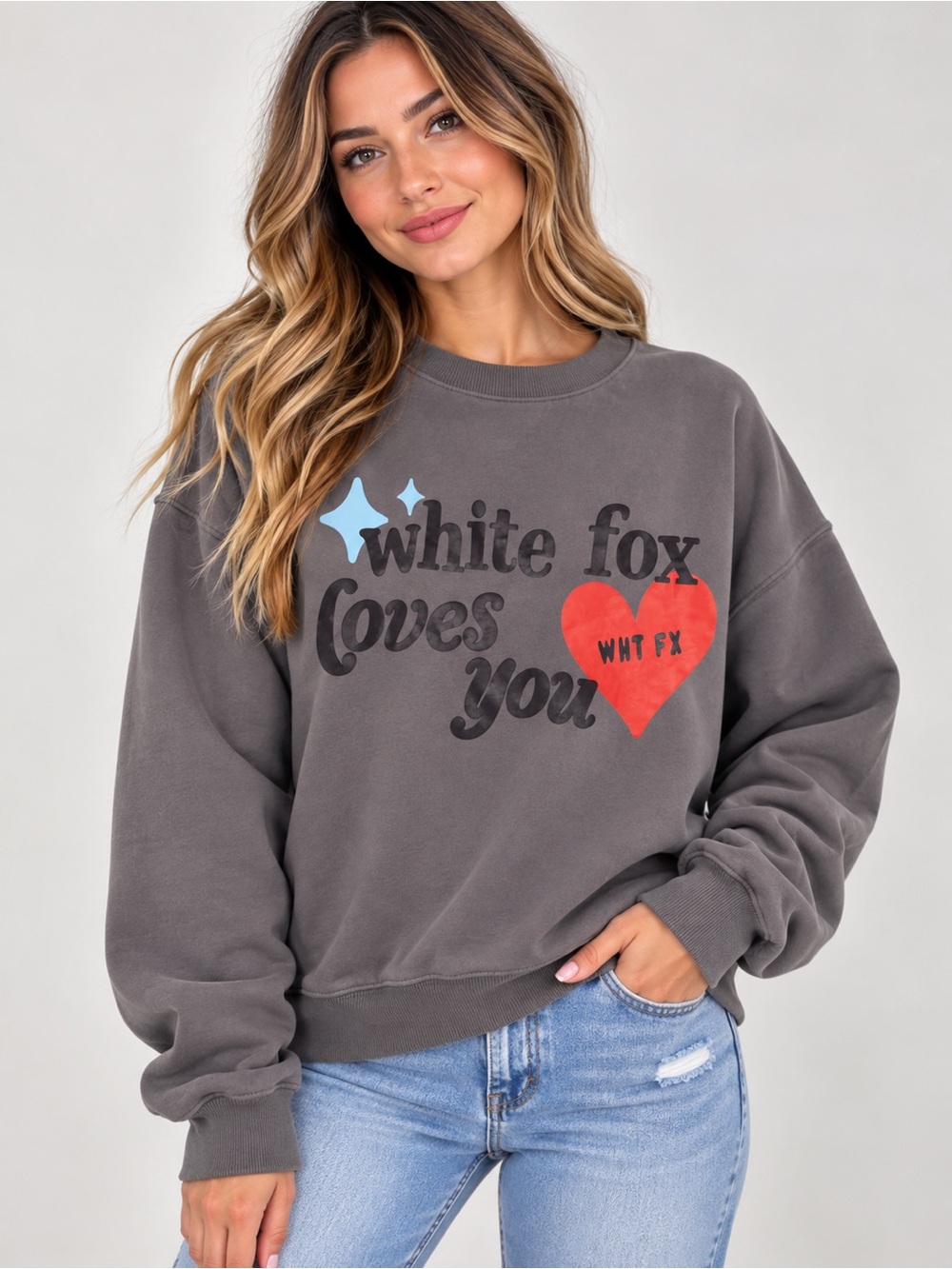 White Fox Boutique Charcoal Graphic Crewneck with Red Heart
